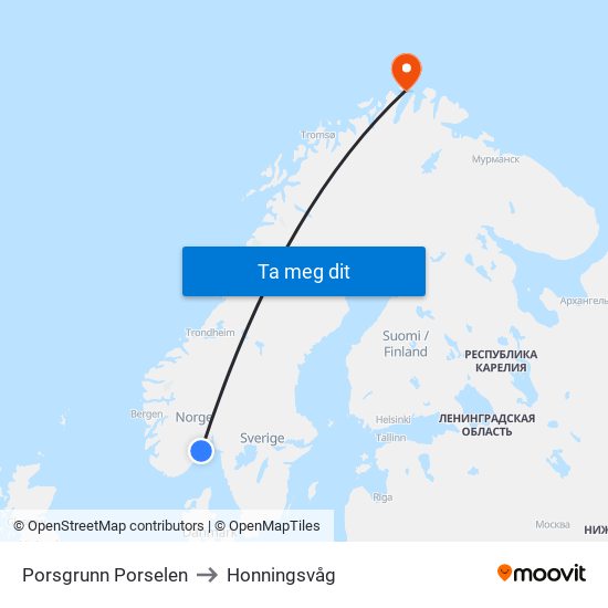 Porsgrunn Porselen to Honningsvåg map