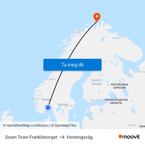 Down Town Franklintorget to Honningsvåg map