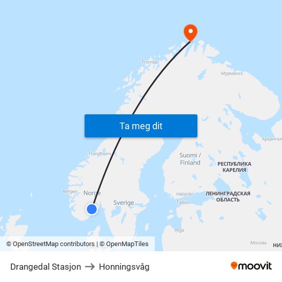 Drangedal Stasjon to Honningsvåg map