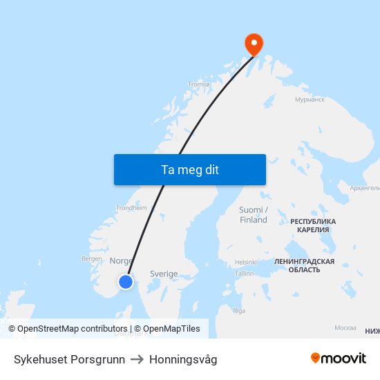 Sykehuset Porsgrunn to Honningsvåg map