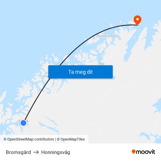 Bromsgård to Honningsvåg map