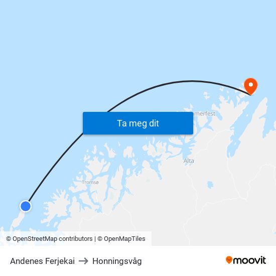 Andenes Ferjekai to Honningsvåg map