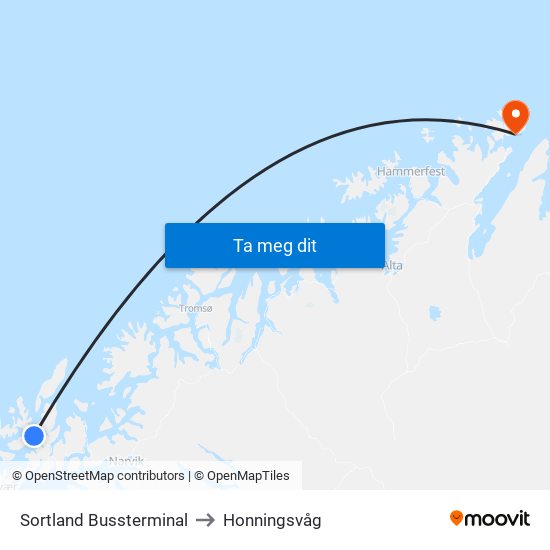 Sortland Bussterminal to Honningsvåg map