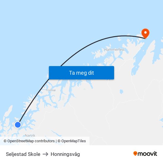 Seljestad Skole to Honningsvåg map