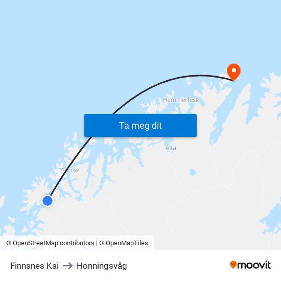 Finnsnes Kai to Honningsvåg map