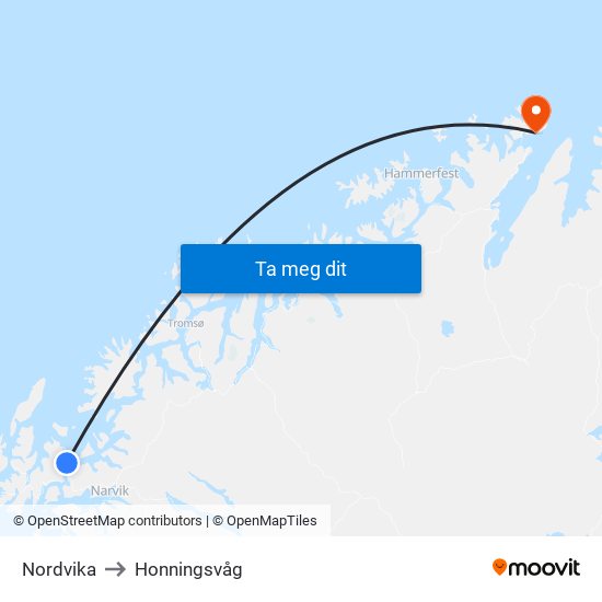 Nordvika to Honningsvåg map