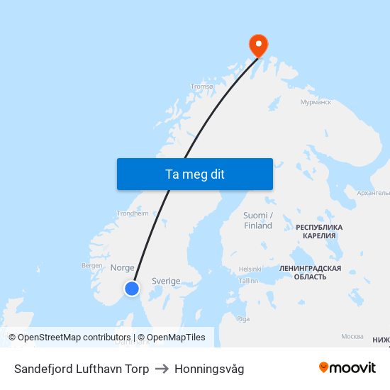 Sandefjord Lufthavn Torp to Honningsvåg map