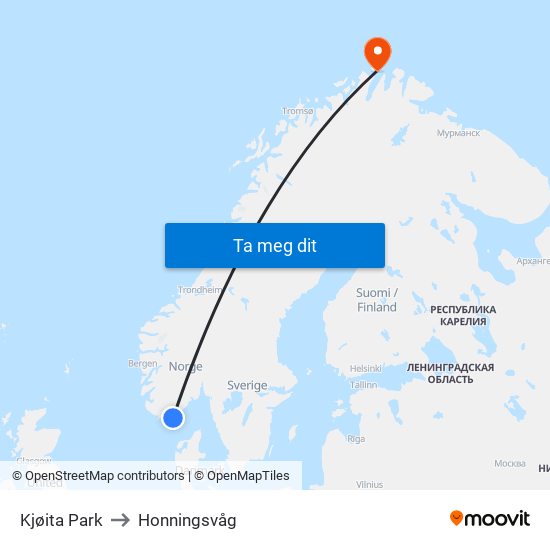 Kjøita Park to Honningsvåg map