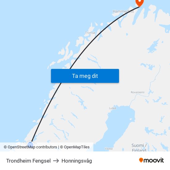 Trondheim Fengsel to Honningsvåg map