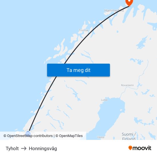 Tyholt to Honningsvåg map