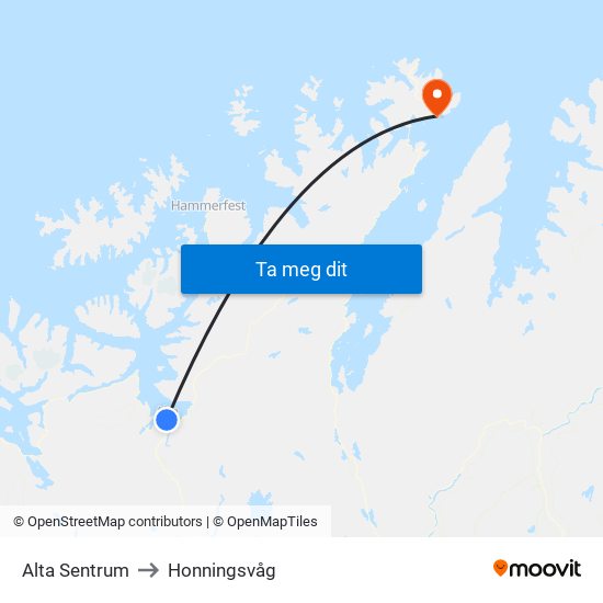Alta Sentrum to Honningsvåg map