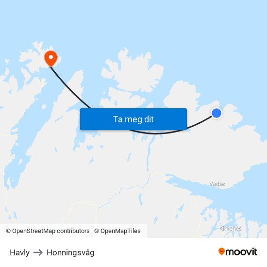 Havly to Honningsvåg map