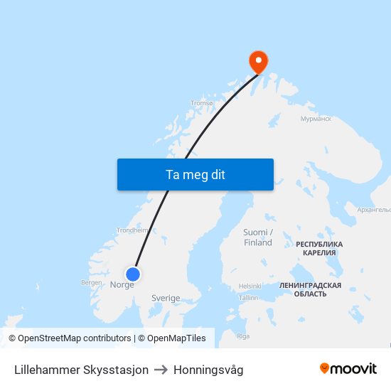 Lillehammer Skysstasjon to Honningsvåg map