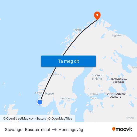 Stavanger Bussterminal to Honningsvåg map