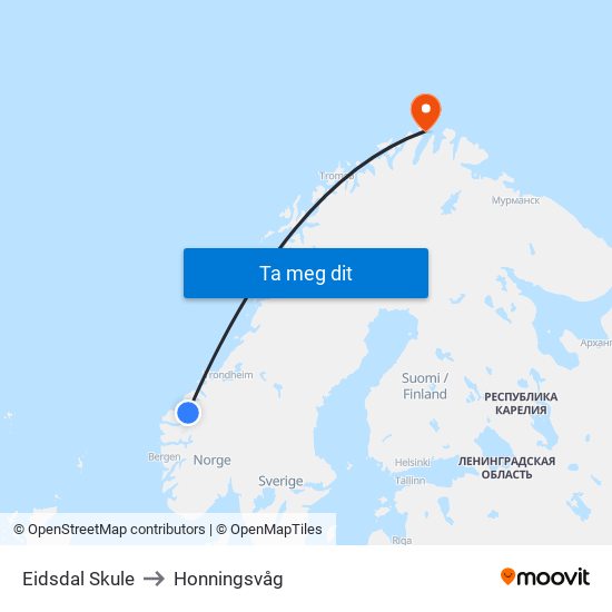 Eidsdal Skule to Honningsvåg map