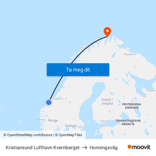 Kristiansund Lufthavn Kvernberget to Honningsvåg map