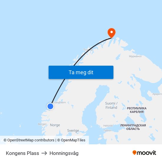 Kongens Plass to Honningsvåg map