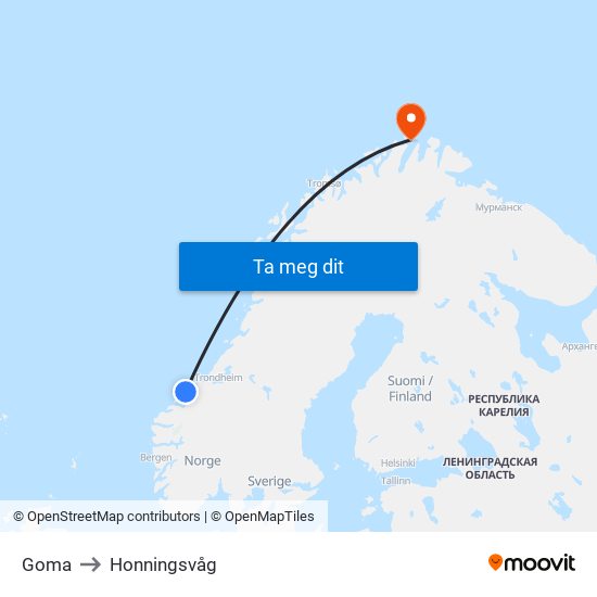 Goma to Honningsvåg map