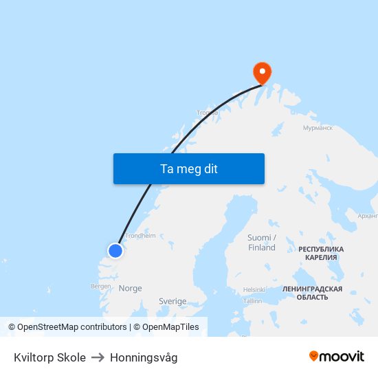 Kviltorp Skole to Honningsvåg map