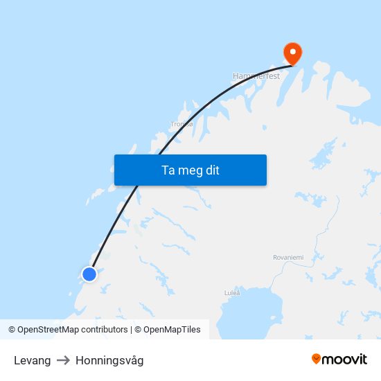 Levang to Honningsvåg map