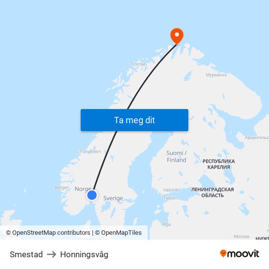 Smestad to Honningsvåg map