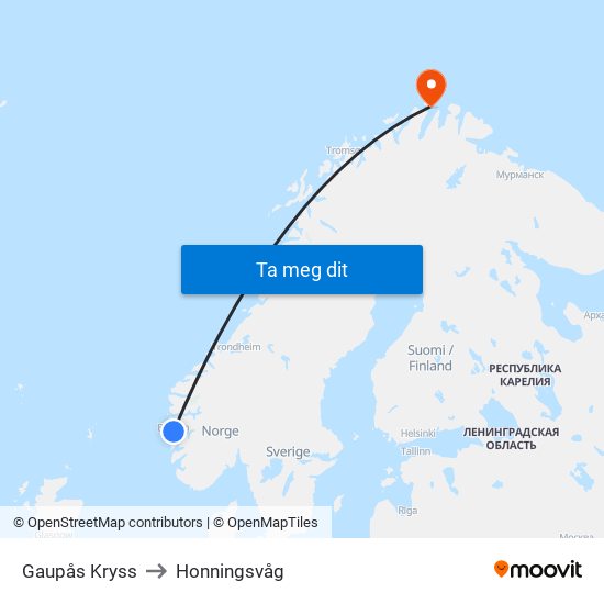 Gaupås Kryss to Honningsvåg map