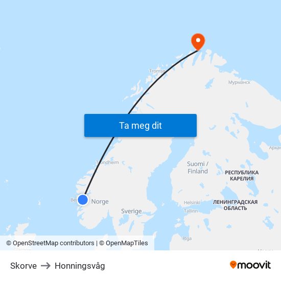 Skorve to Honningsvåg map