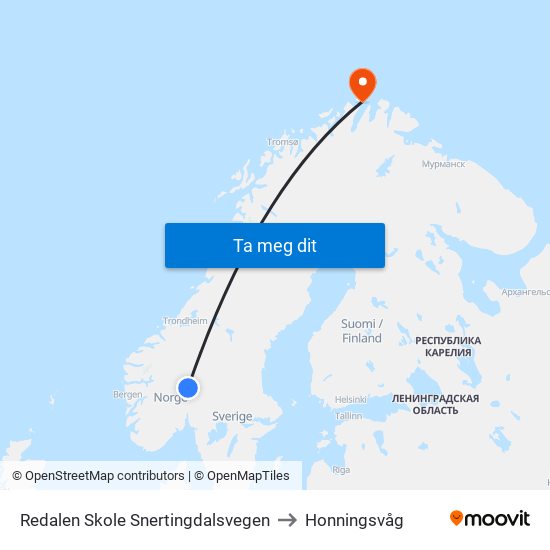 Redalen Skole Snertingdalsvegen to Honningsvåg map