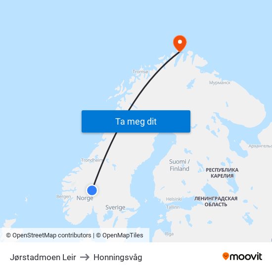 Jørstadmoen Leir to Honningsvåg map