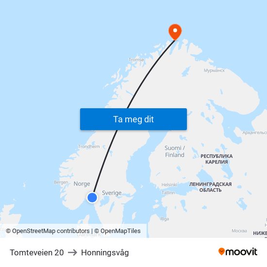 Tomteveien 20 to Honningsvåg map