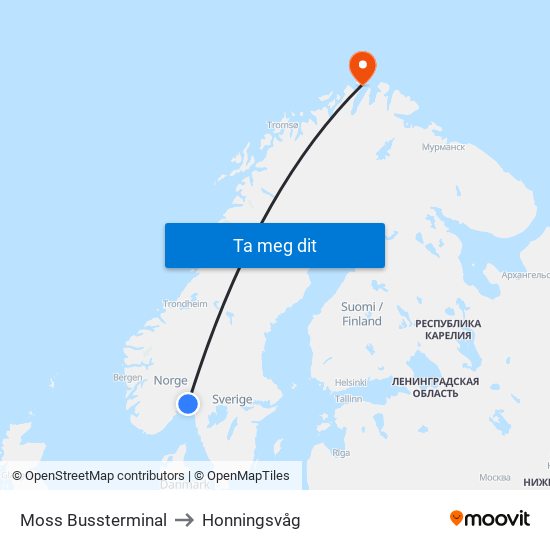 Moss Bussterminal to Honningsvåg map