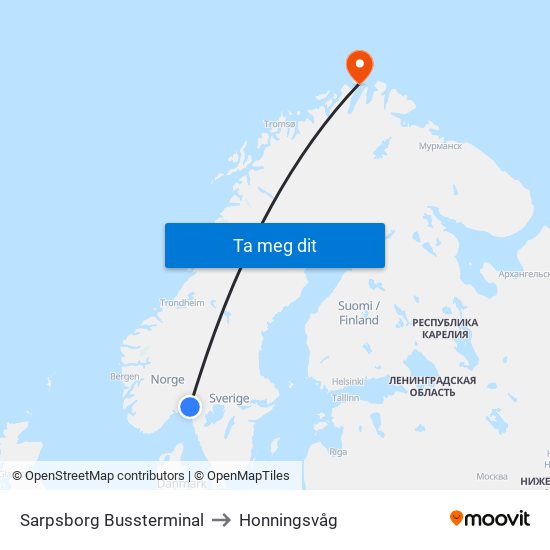 Sarpsborg Bussterminal to Honningsvåg map