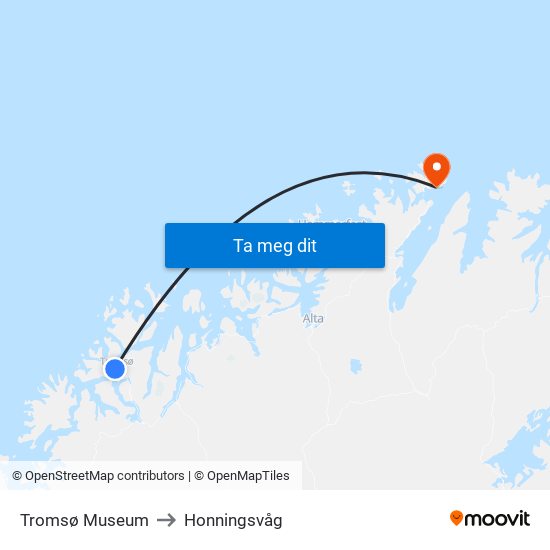 Tromsø Museum to Honningsvåg map