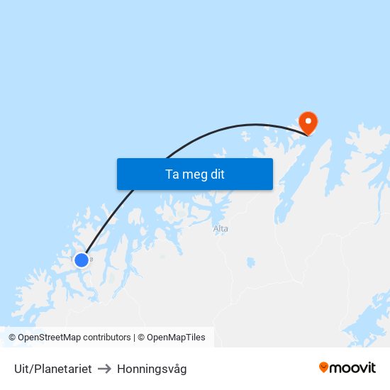 Uit/Planetariet to Honningsvåg map