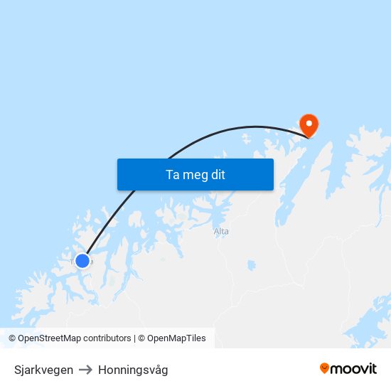Sjarkvegen to Honningsvåg map