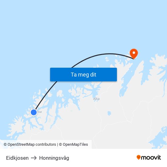 Eidkjosen to Honningsvåg map