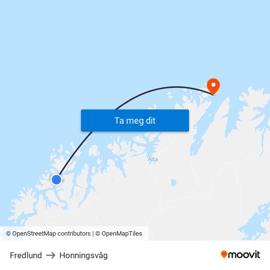 Fredlund to Honningsvåg map