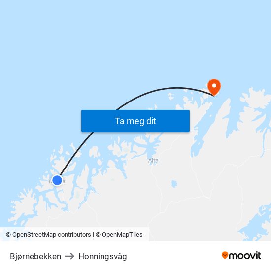 Bjørnebekken to Honningsvåg map
