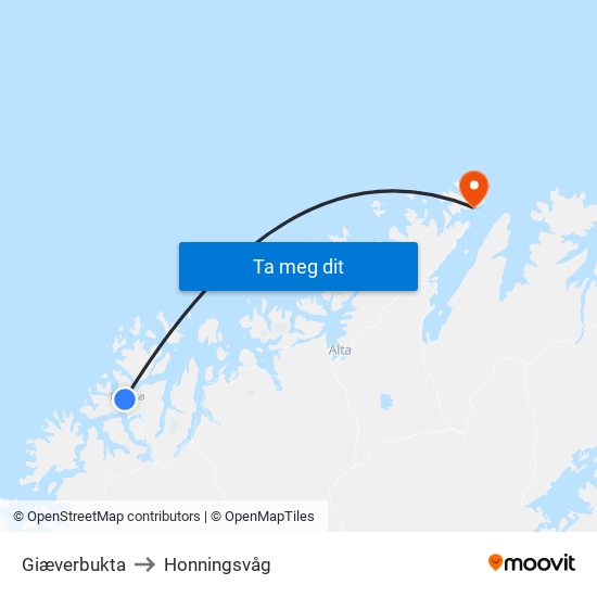 Giæverbukta to Honningsvåg map