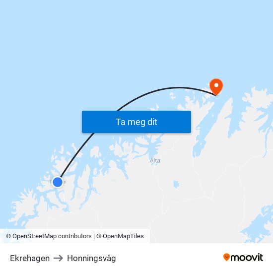 Ekrehagen to Honningsvåg map