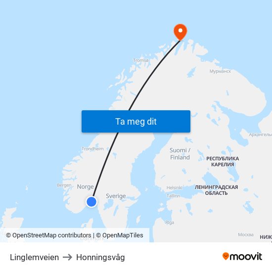 Linglemveien to Honningsvåg map