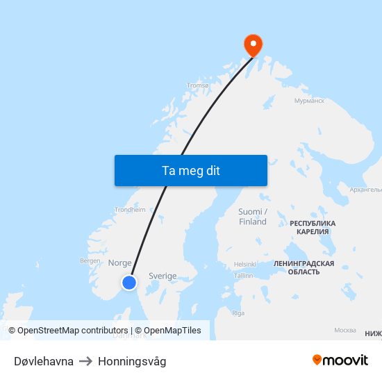 Døvlehavna to Honningsvåg map