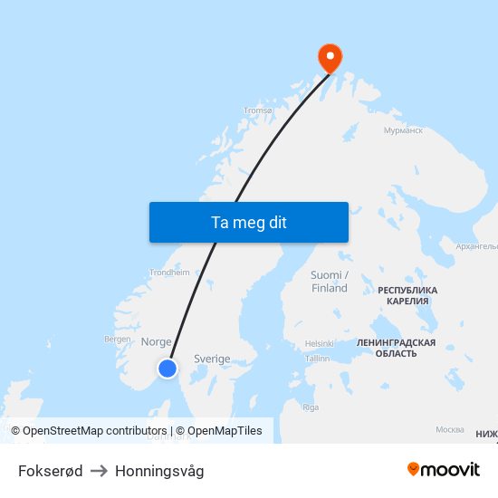 Fokserød to Honningsvåg map