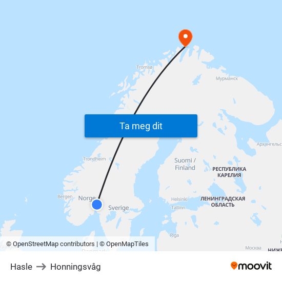 Hasle to Honningsvåg map