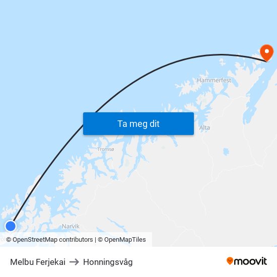 Melbu Ferjekai to Honningsvåg map
