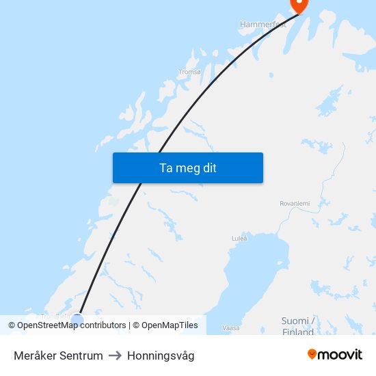 Meråker Sentrum to Honningsvåg map