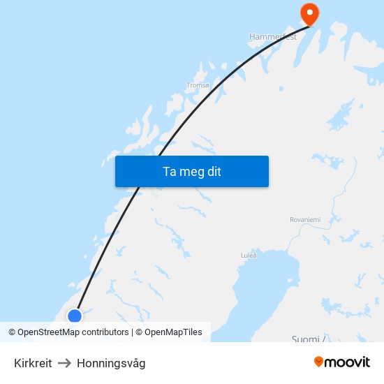 Kirkreit to Honningsvåg map