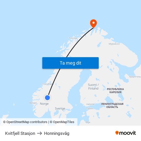 Kvitfjell Stasjon to Honningsvåg map