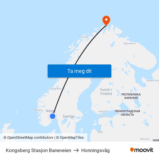 Kongsberg Stasjon Baneveien to Honningsvåg map
