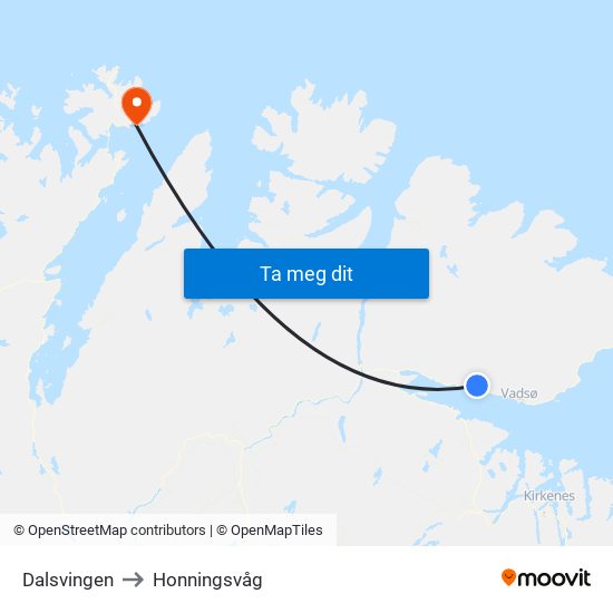 Dalsvingen to Honningsvåg map